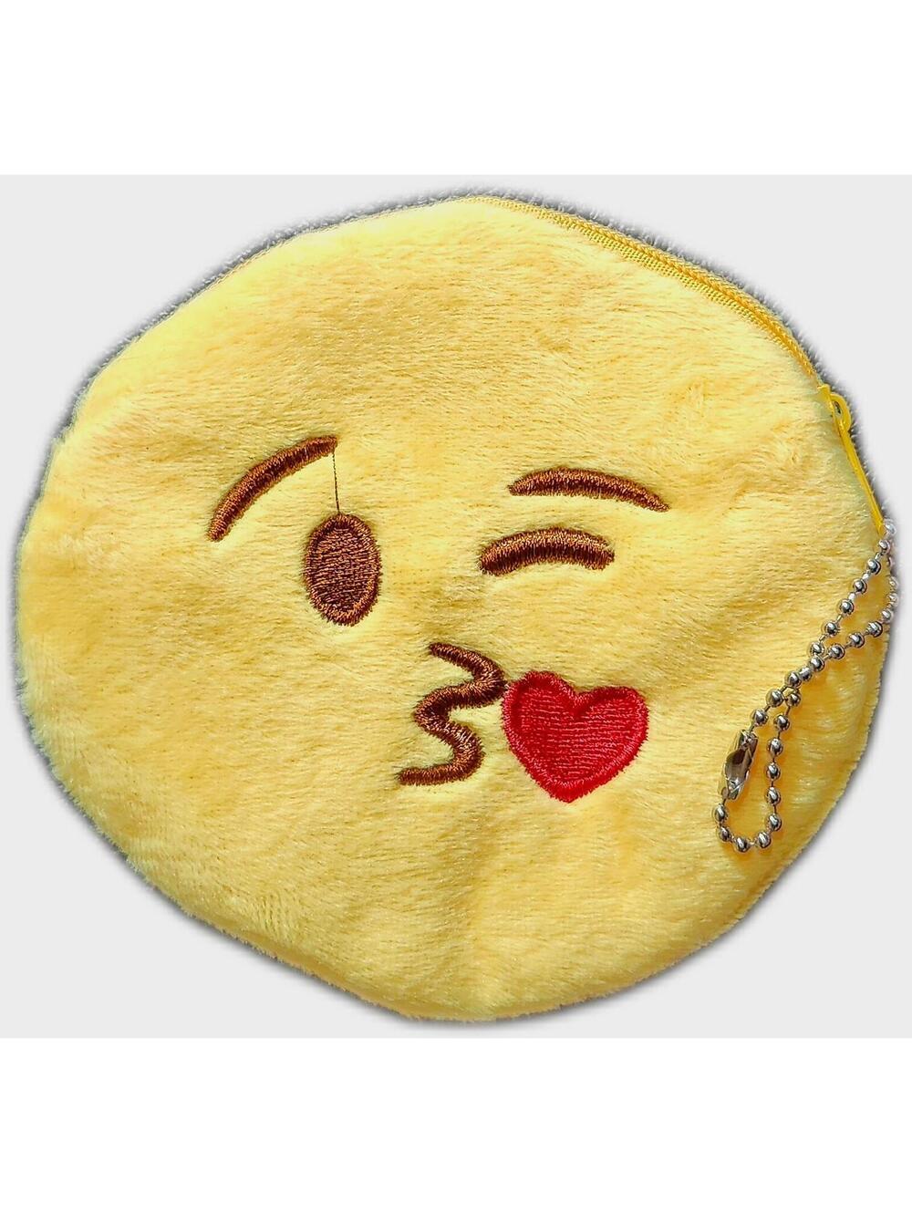 Round Kiss Emoji Plush Coin Pouch - Yellow with Red Heart